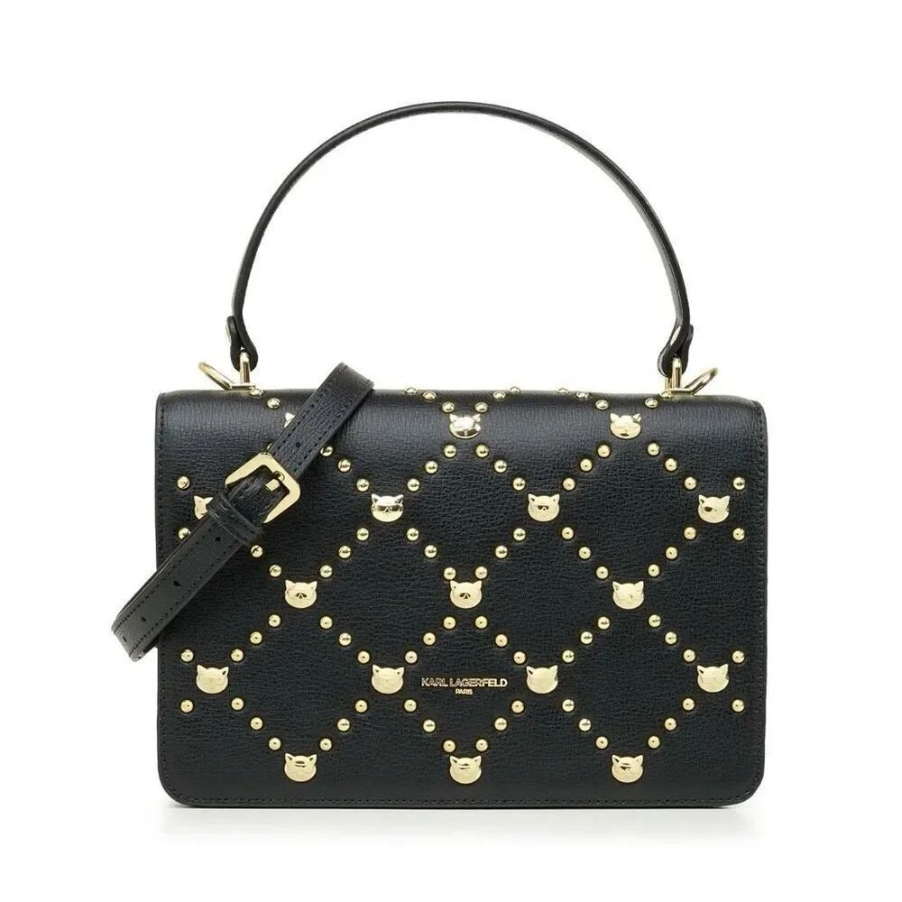 Karl Lagerfeld Paris Simone Gold Cat Studded Leather Crossbody Purse Handbag Bla